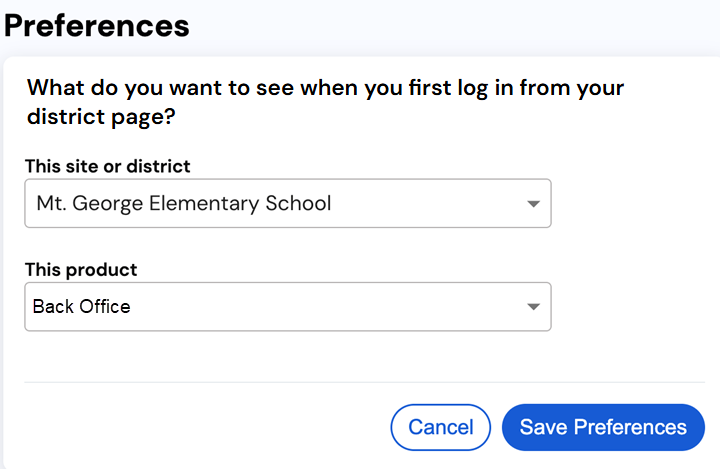 Profile preferences setup with default site and product selected.